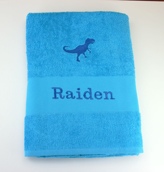 Serviette de toilette personnalisé turquoise avec dinosaure brodé bleu roi